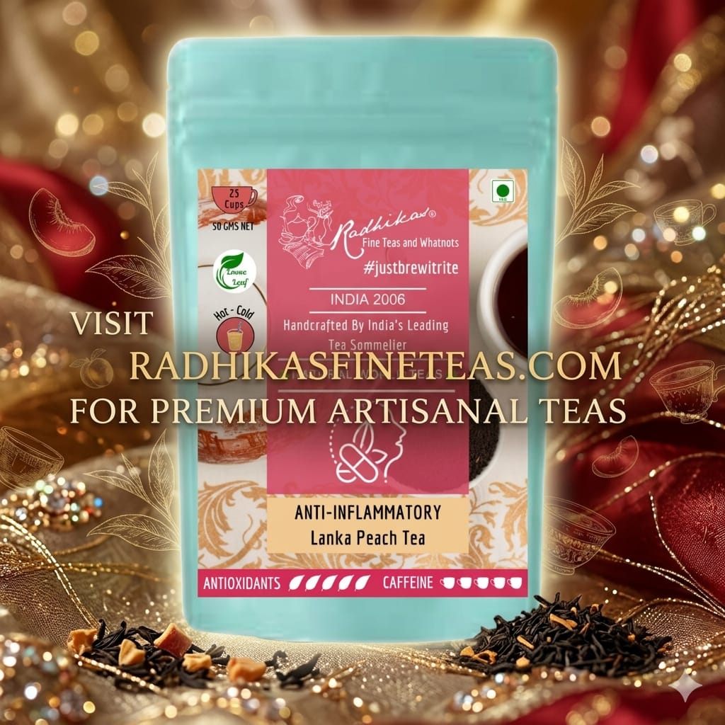 Tea package with decorative elements and promotional text for Radhika's fine teas.
