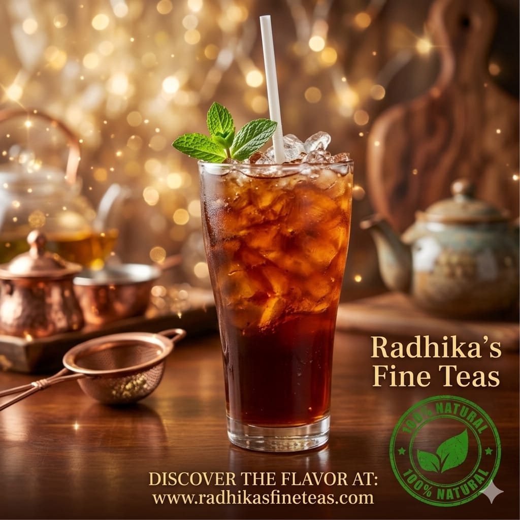 Iced tea with a straw and mint leaf, surrounded by tea-making equipment, with 'Radhika's Fine Teas' branding.