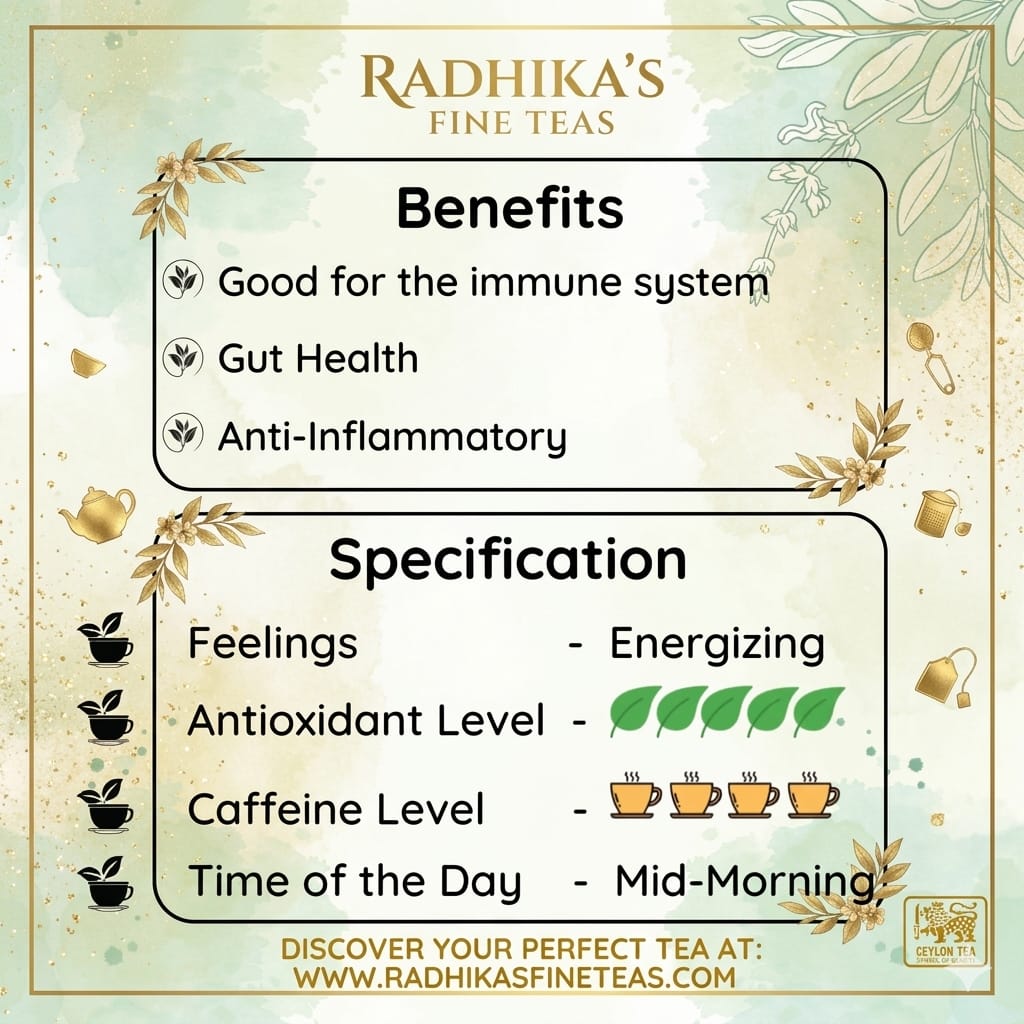 Promotional graphic for Radhika's Fine Teas with benefits and specifications.