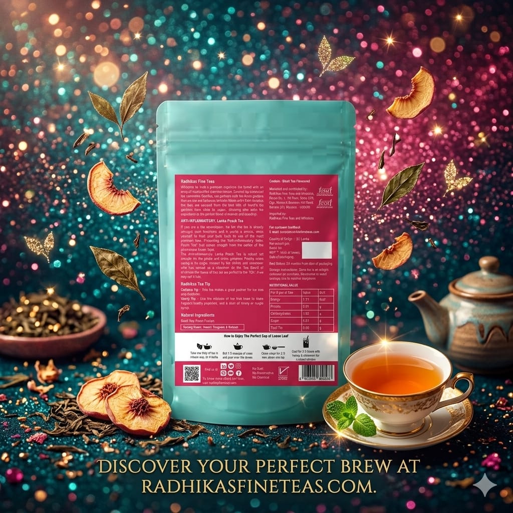 Tea packaging with a colorful background featuring tea leaves and a teacup.