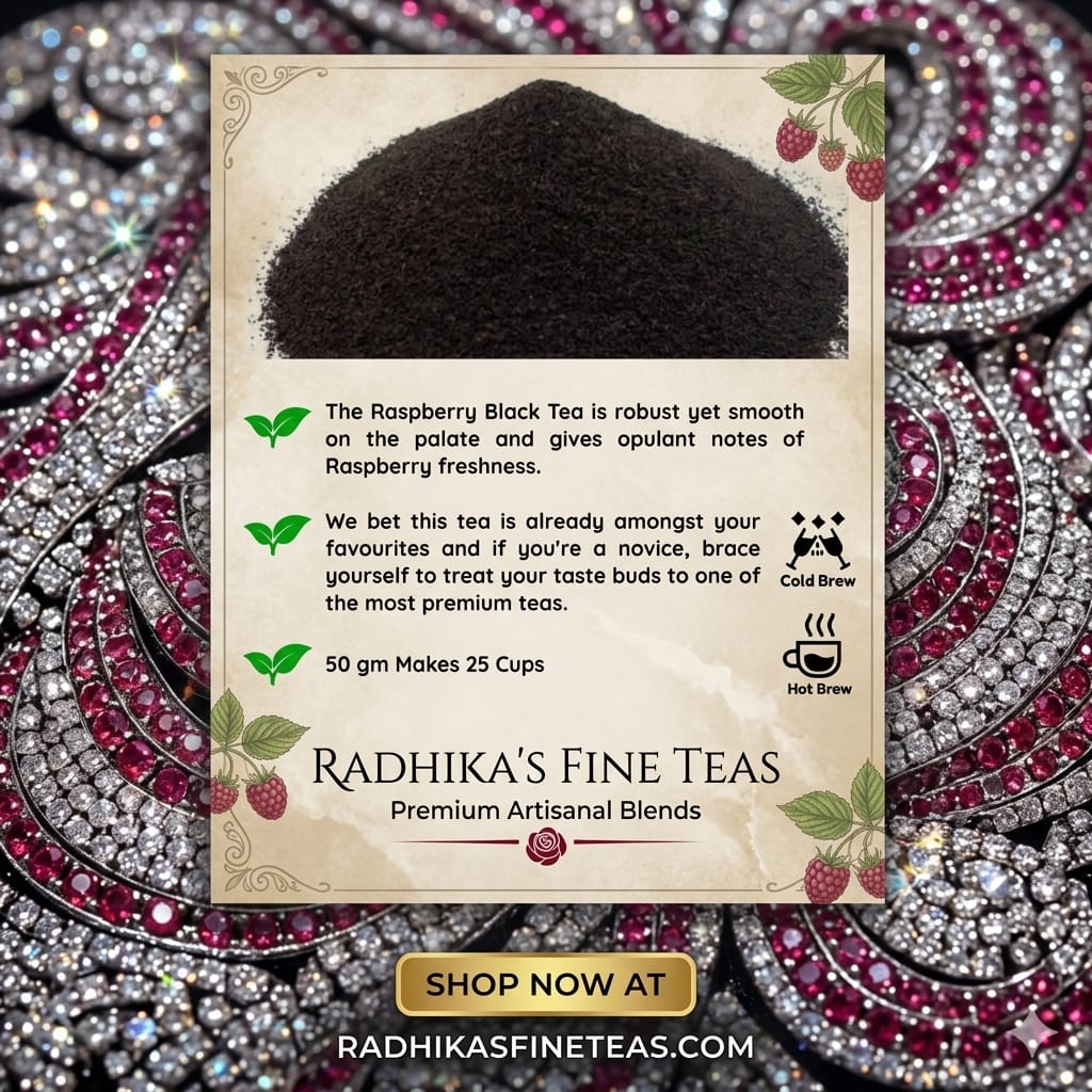 Tea packaging with text and branding on a decorative background