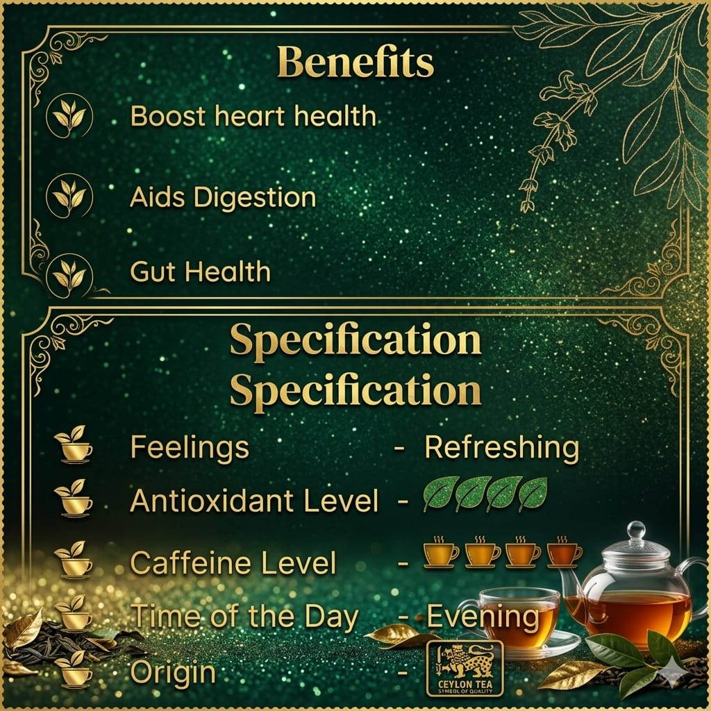 Tea packaging with health benefits and specifications on a green background