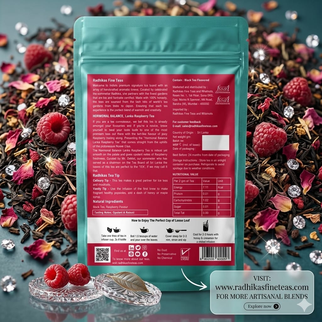 Tea packaging with a colorful tea blend on a blue background