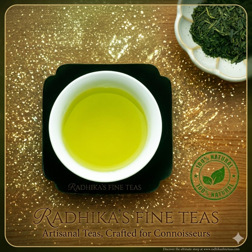 Green tea in a white cup on a gold glittery background with 'Radhika's Fine Teas' branding.