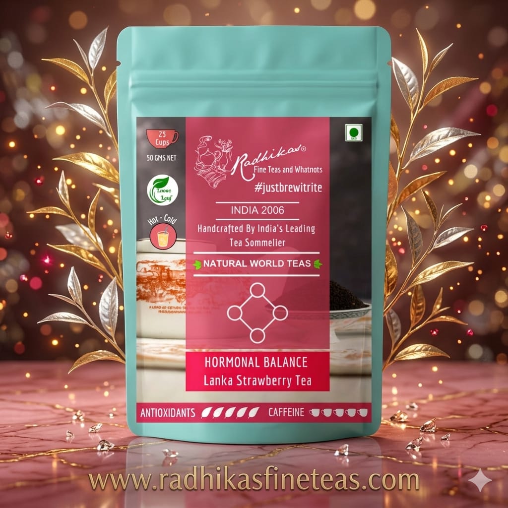 Tea package with a decorative background featuring leaves and lights