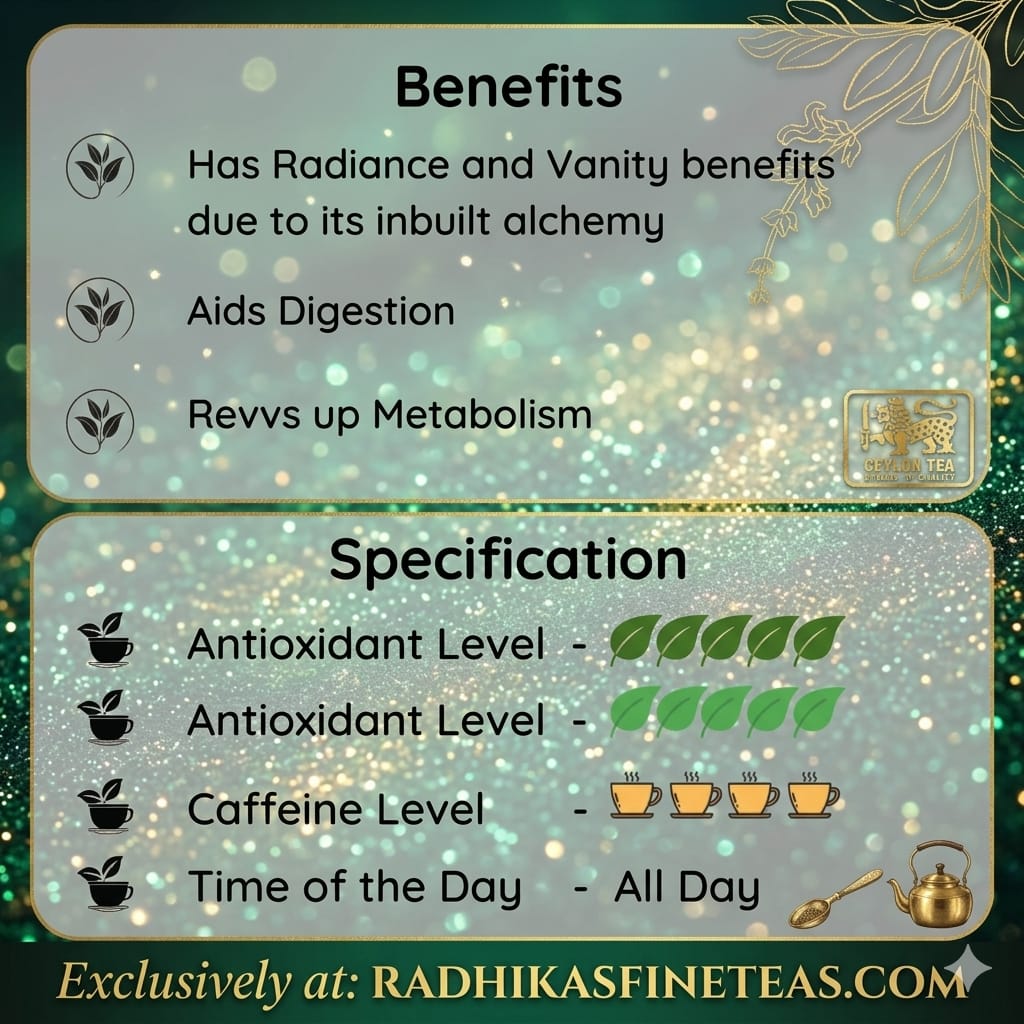 Tea packaging with benefits and specifications on a decorative background