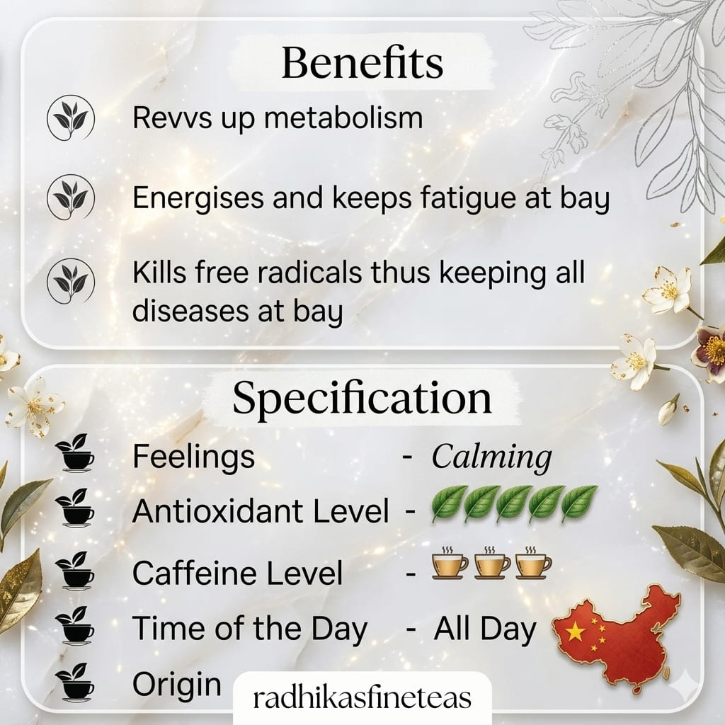 Tea benefits and specifications with decorative elements on a light background