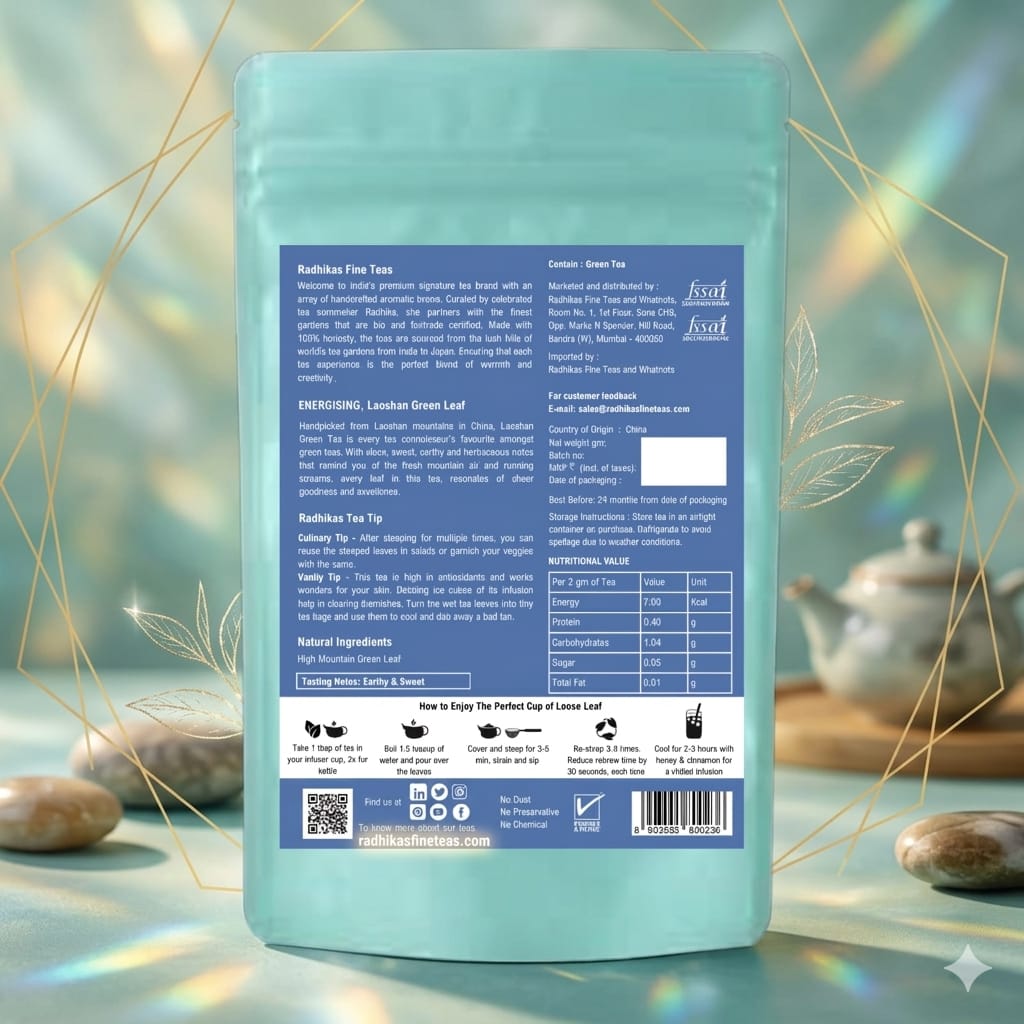 Tea package with blue label on a decorative background