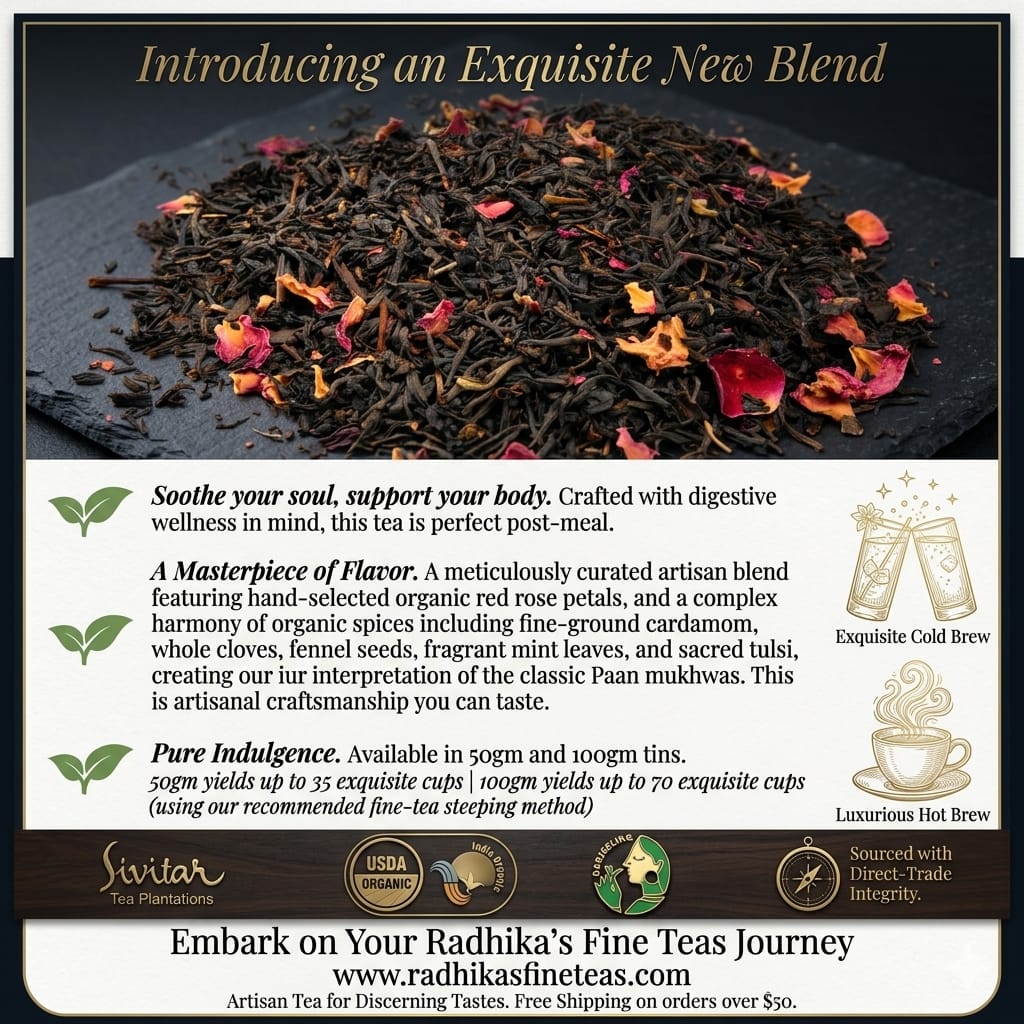 Tea blend with red and orange petals on a dark surface, featuring text about the tea's benefits and sourcing.