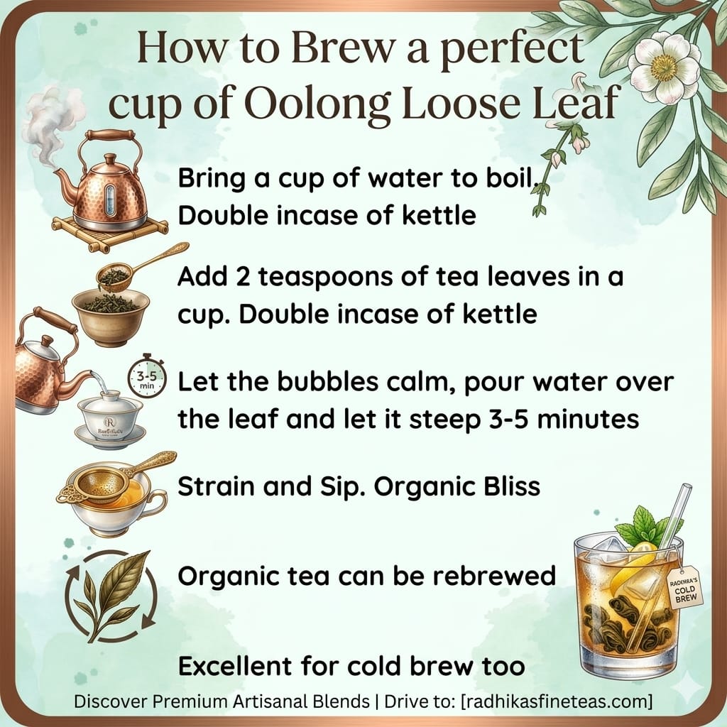 Instructions on how to brew a perfect cup of oolong loose leaf tea with illustrations and text.