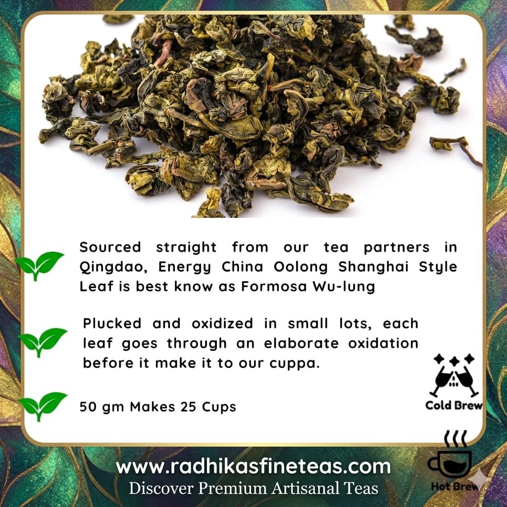 Tea leaves with text about tea sourcing and brewing methods on a decorative background