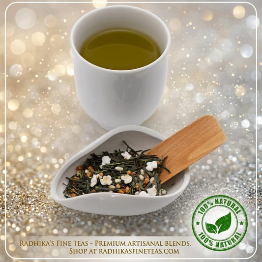 White cup of tea with a bowl of tea leaves and a wooden spoon on a glittery background, featuring Radhika's Fine Teas branding.