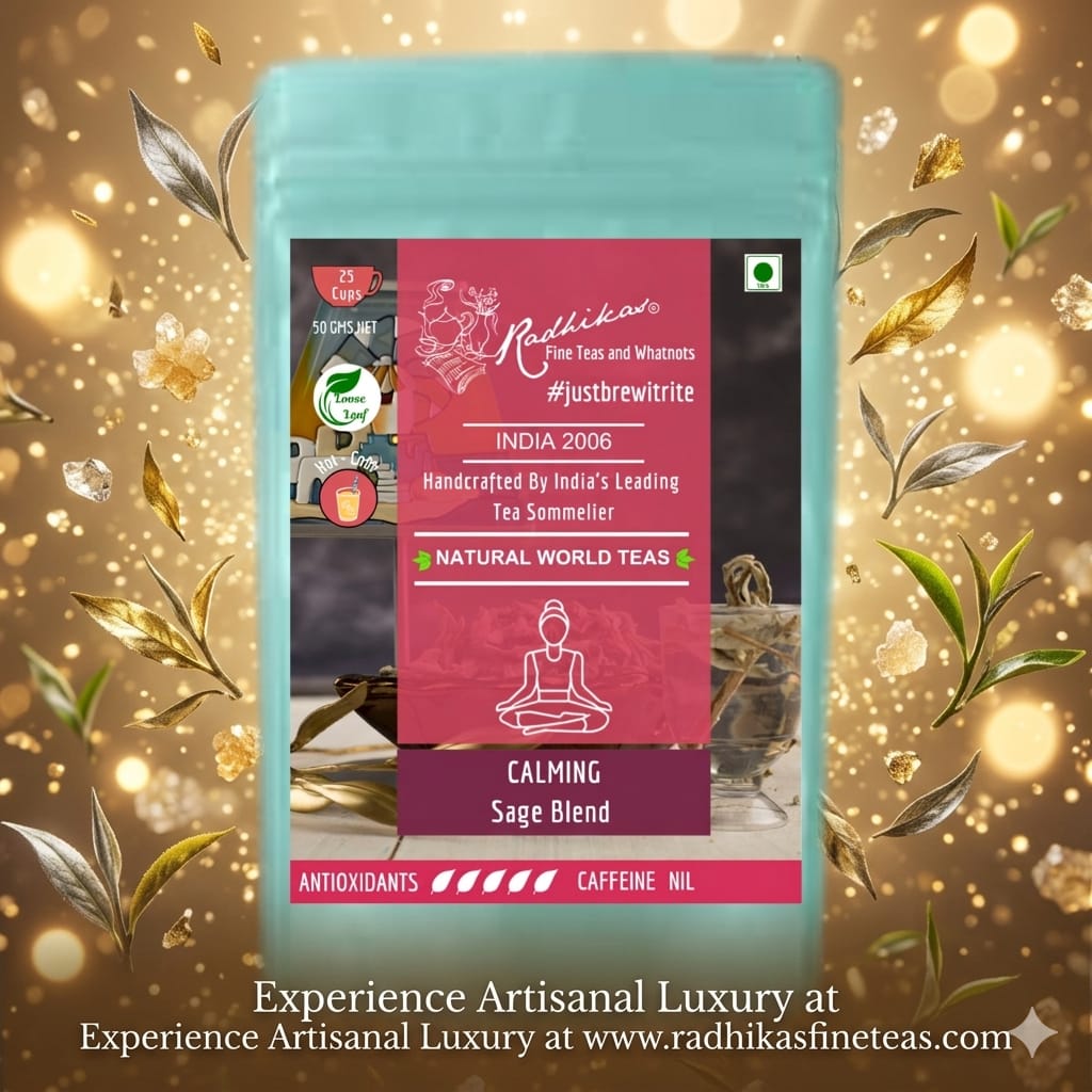 Tea package with Radhika Finest Teas branding on a decorative background with leaves and lights.