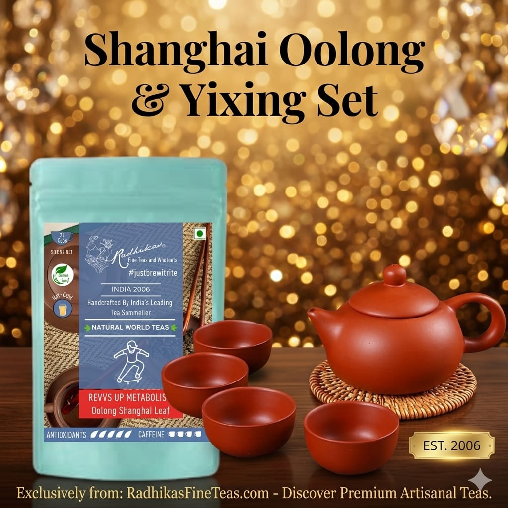 Tea set with teapot and cups on a wooden surface against a blurred golden background, featuring 'Shanghai Oolong & Yixing Set' text.