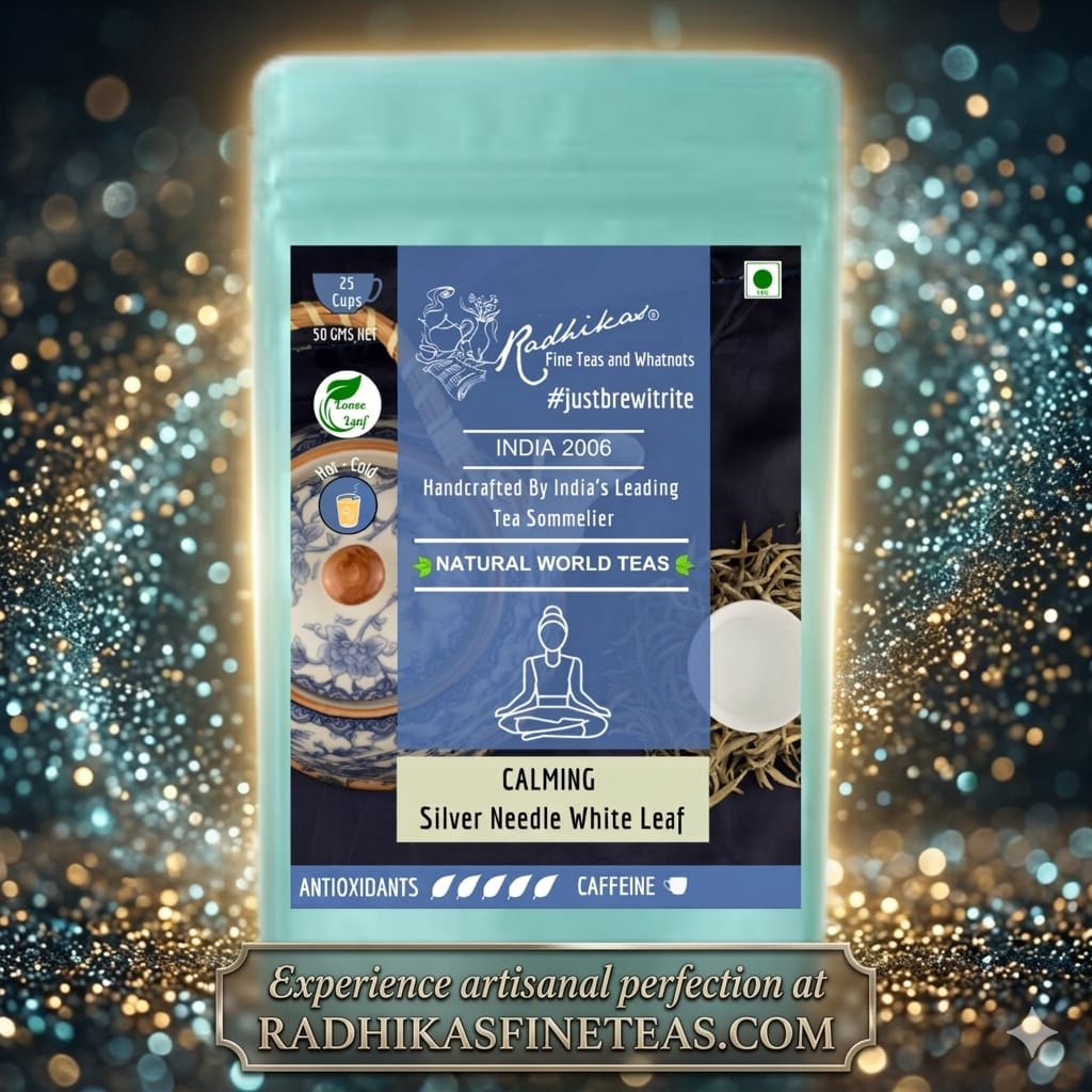 Tea package with Radhika Finest Teas branding on a glittery background
