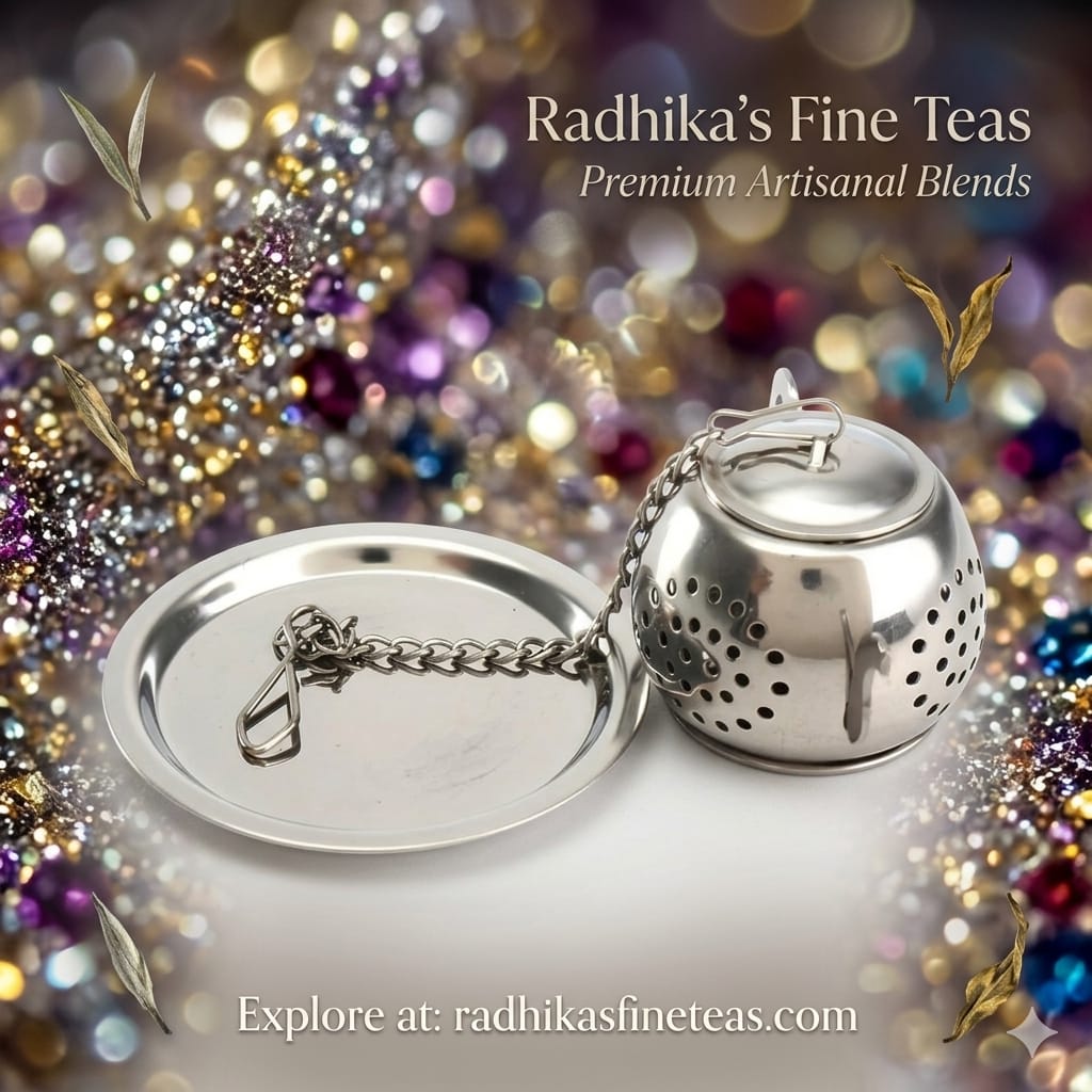 Silver tea infuser with decorative background and 'Radhika's Fine Teas' branding.
