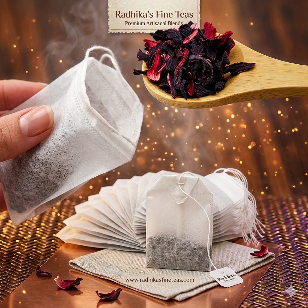 Tea bags with dried tea leaves on a wooden spoon, against a warm background with 'Radhika's Fine Teas' branding.