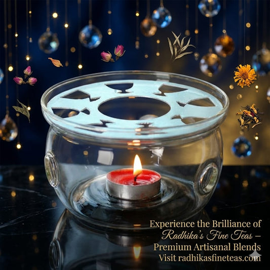 Glass tea light holder with a lit candle on a dark background with decorative elements.