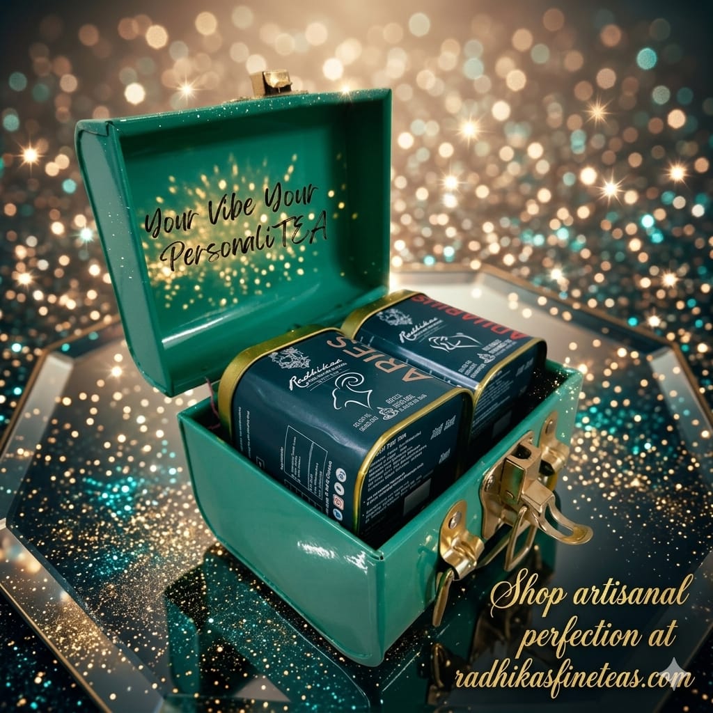 Tea boxes in a decorative green box with a glittery background