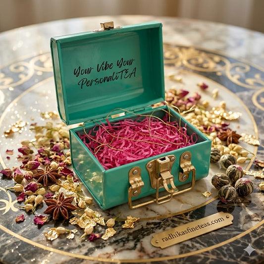 Teal jewelry box with pink interior on a decorative table with tea leaves and flowers.