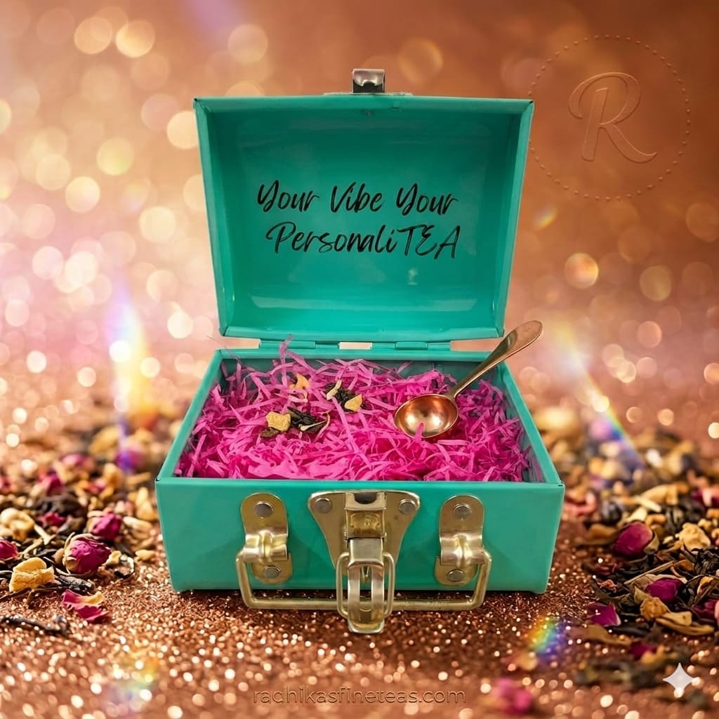 Turquoise jewelry box with pink interior, gold spoons, and tea leaves on a glittery background.