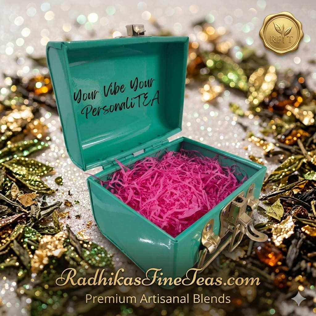 Teal box with pink tea leaves on a decorative background with 'Radhika's Fine Teas' branding.