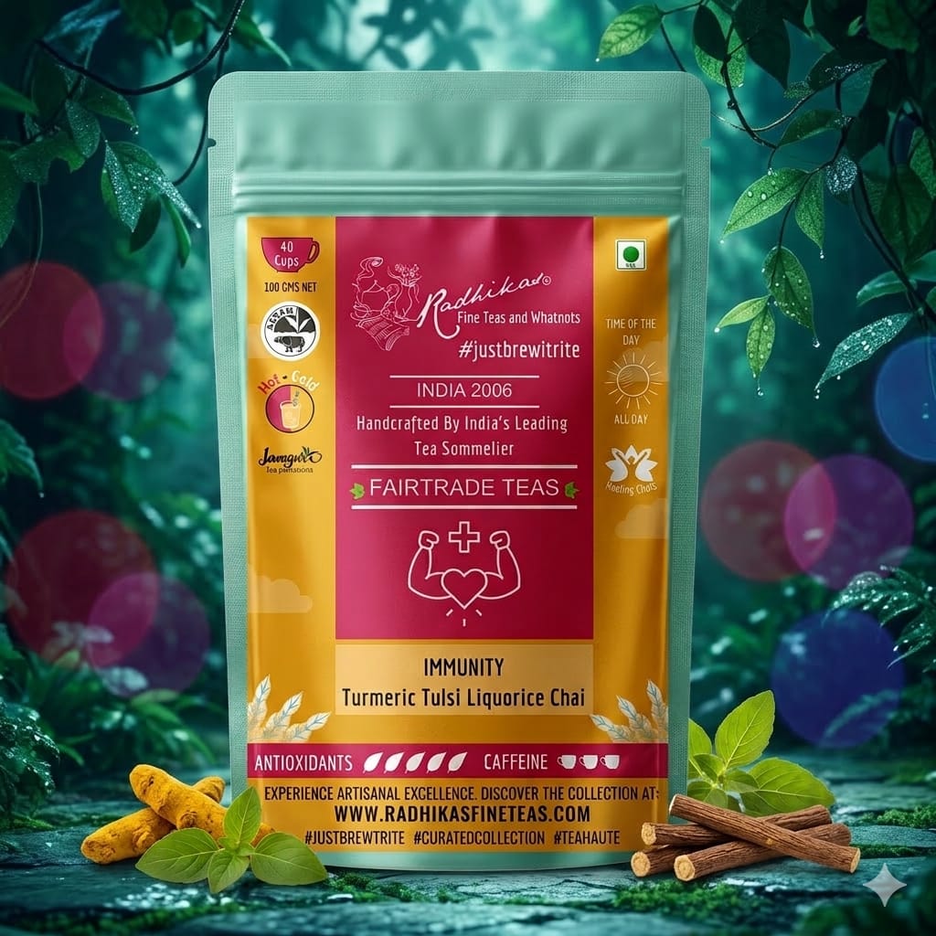 Tea package with branding and product details on a nature-themed background