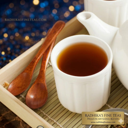 White cup of tea with wooden spoon and teapot on a textured surface, featuring Radhika's Fine Teas branding.