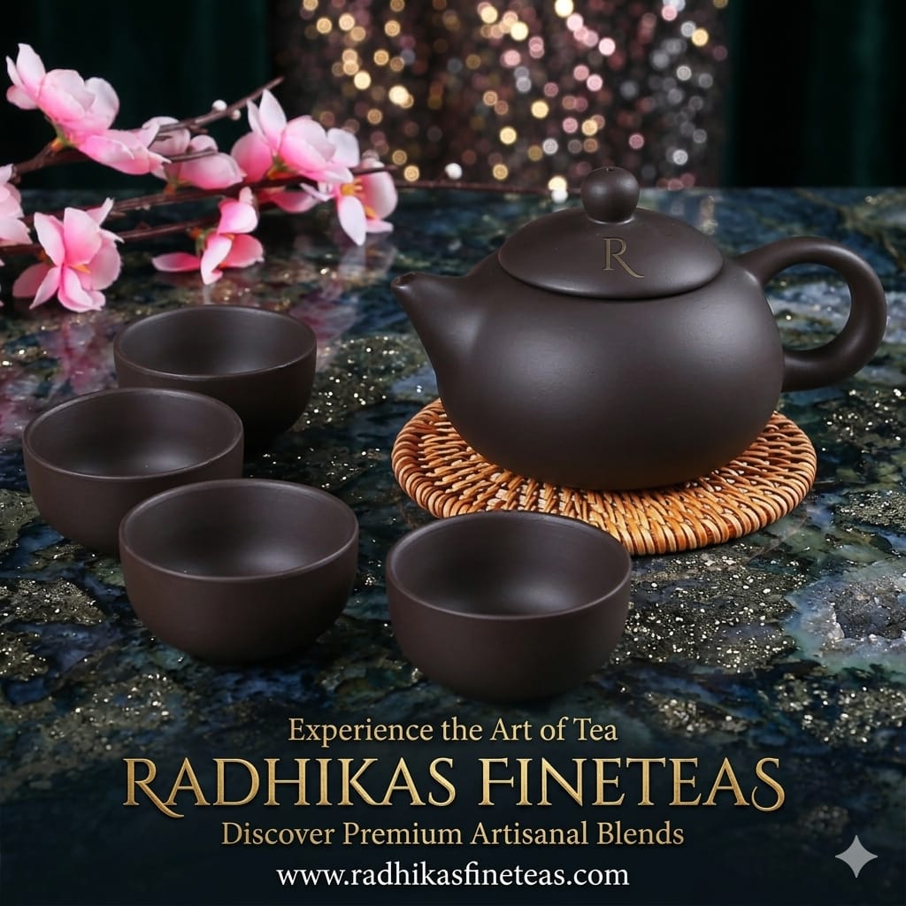 Tea set with teapot and cups on a textured surface with pink flowers and blurred lights in the background.