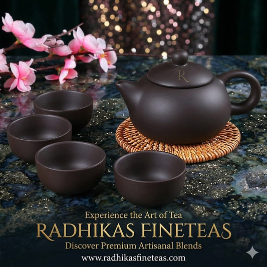 Tea set with teapot and cups on a textured surface with pink flowers and blurred lights in the background.