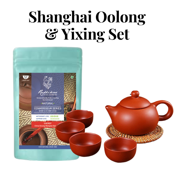 A bundle including a bag of Shanghai Oolong Tea and a set of Yixing teaware, with one visible red cup and a kettle on a mat, all against a white background.