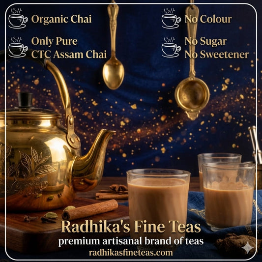 Tea advertisement with a gold teapot, glasses of chai, and text about tea types and Radhika's Fine Teas.