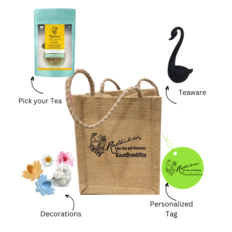 A beige jute bag branded with 'Radhikas Fine Teas' and 'Rosemary & Tea', accompanied by a green and yellow tea package, a pink flower, and a blue swan-shaped tea infuser.