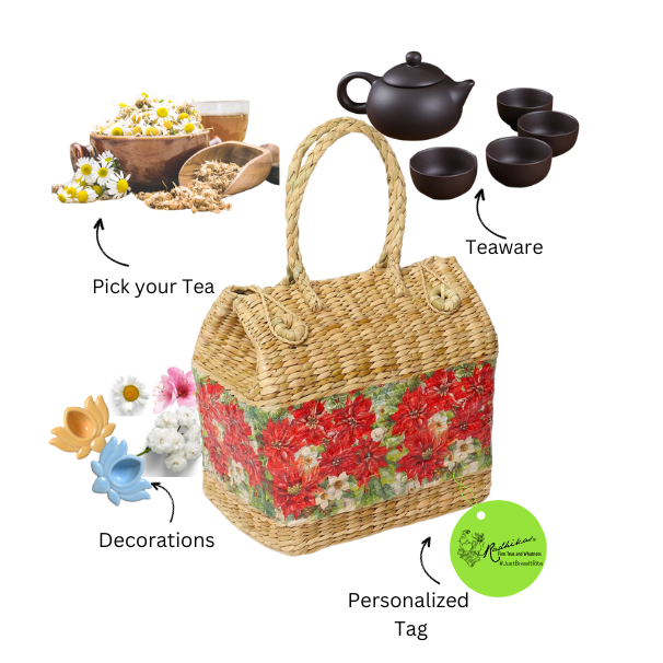 A wicker picnic basket with floral pattern, accompanied by a pottery tea set and various loose tea leaves and packaged tea bags.