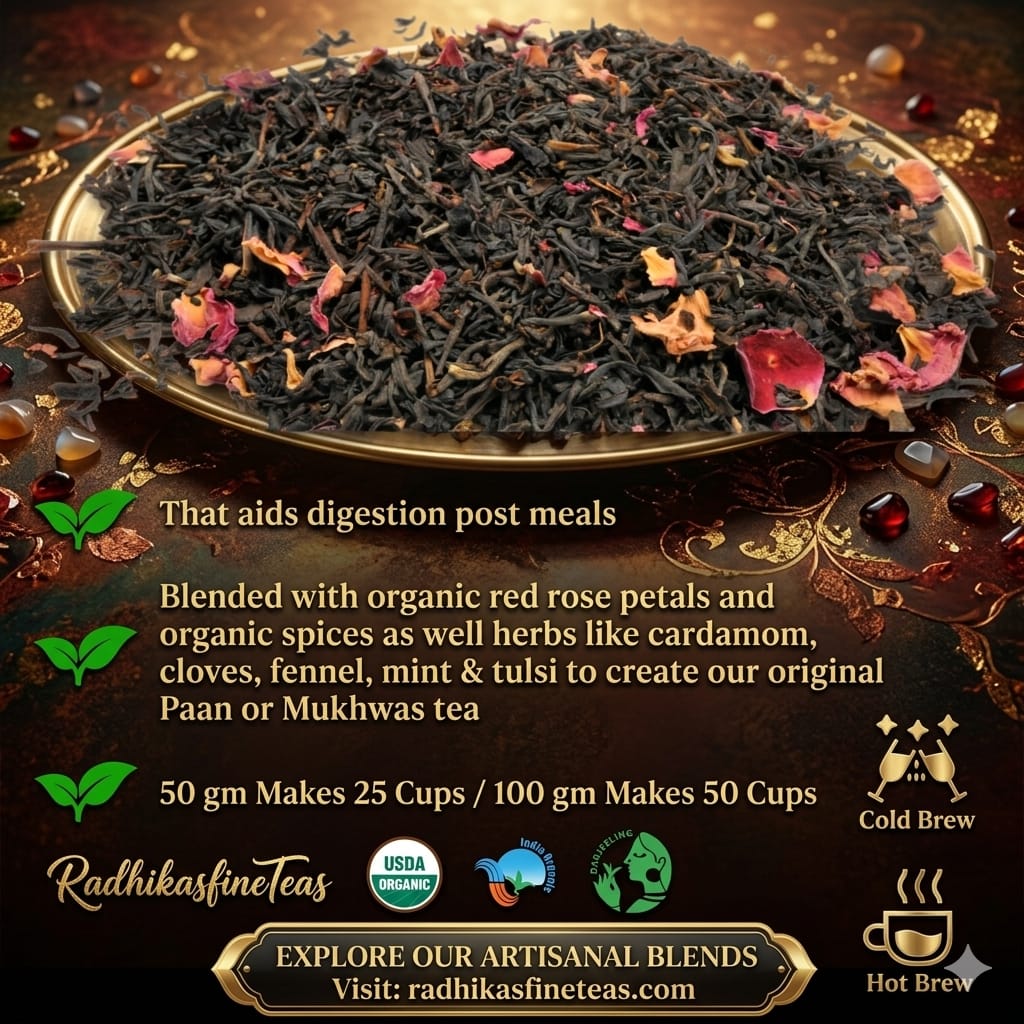 Tea leaves with organic certifications on a decorative background