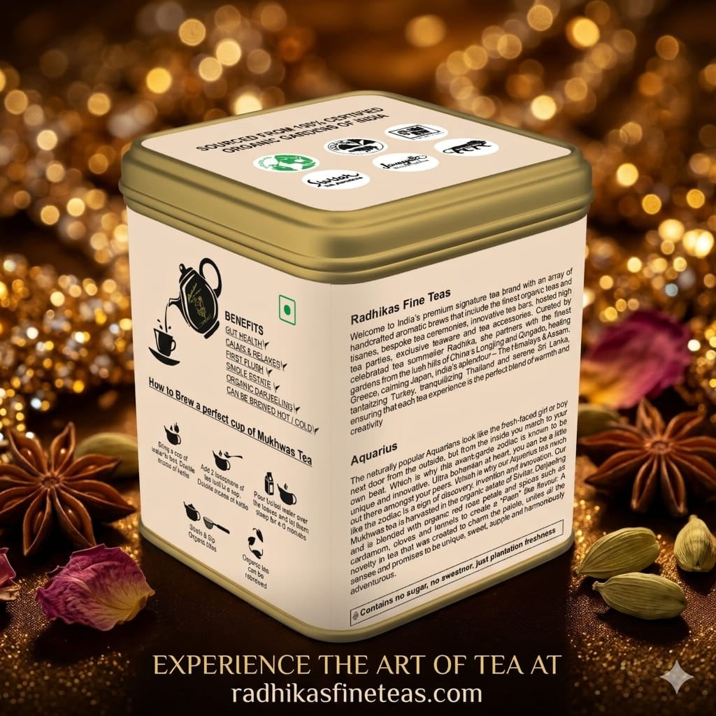 Tea tin with brand information on a decorative background with spices and flowers