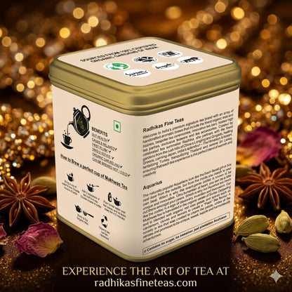 Tea tin with brand information on a decorative background with spices and flowers