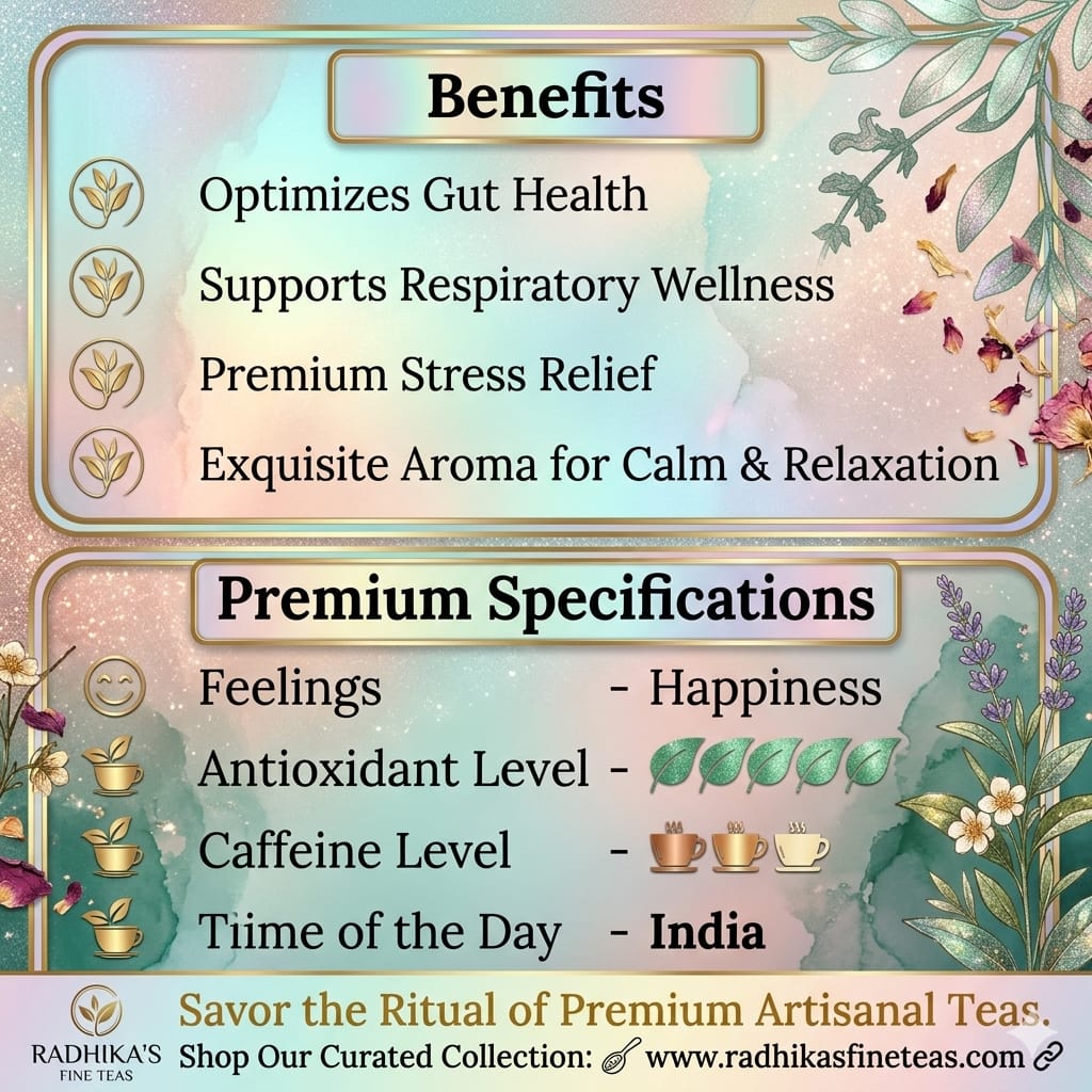 Tea benefits and specifications with decorative elements on a colorful background