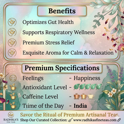 Tea benefits and specifications with decorative elements on a colorful background