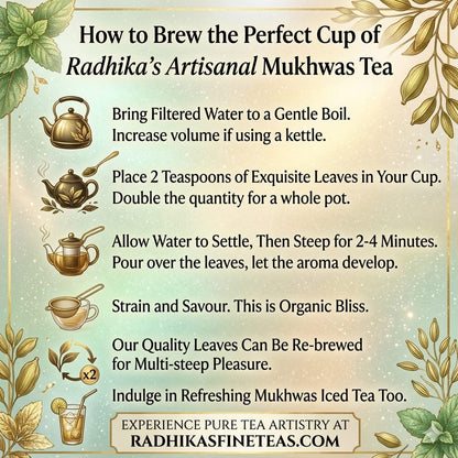 Instructions for brewing Radhika's Artisanal Mukhwas Tea with decorative elements.