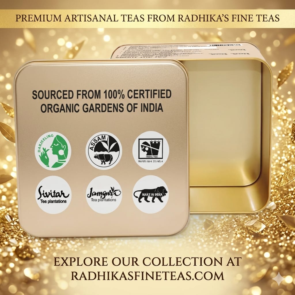 Gold tea tin with certification logos on a glittery gold background, featuring Radhika's Fine Teas branding.