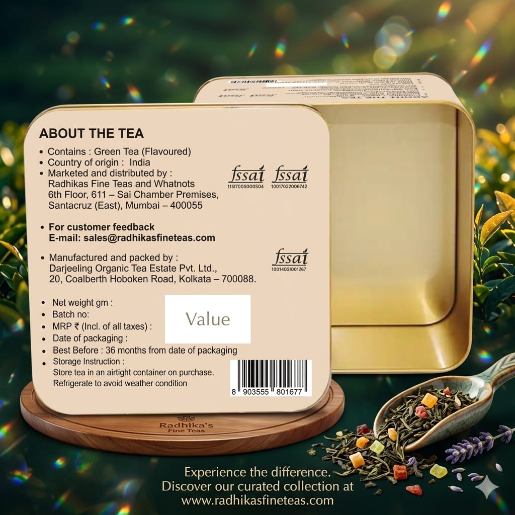 Tea packaging with brand details on a decorative background