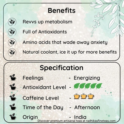 Tea benefits and specifications listed on a decorative background with tea leaf illustrations.