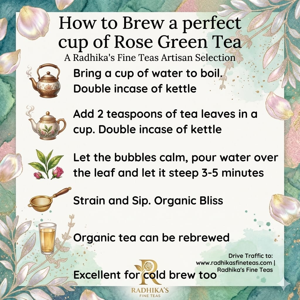 Instructions for brewing a perfect cup of Rose Green Tea with illustrations and text on a floral background.