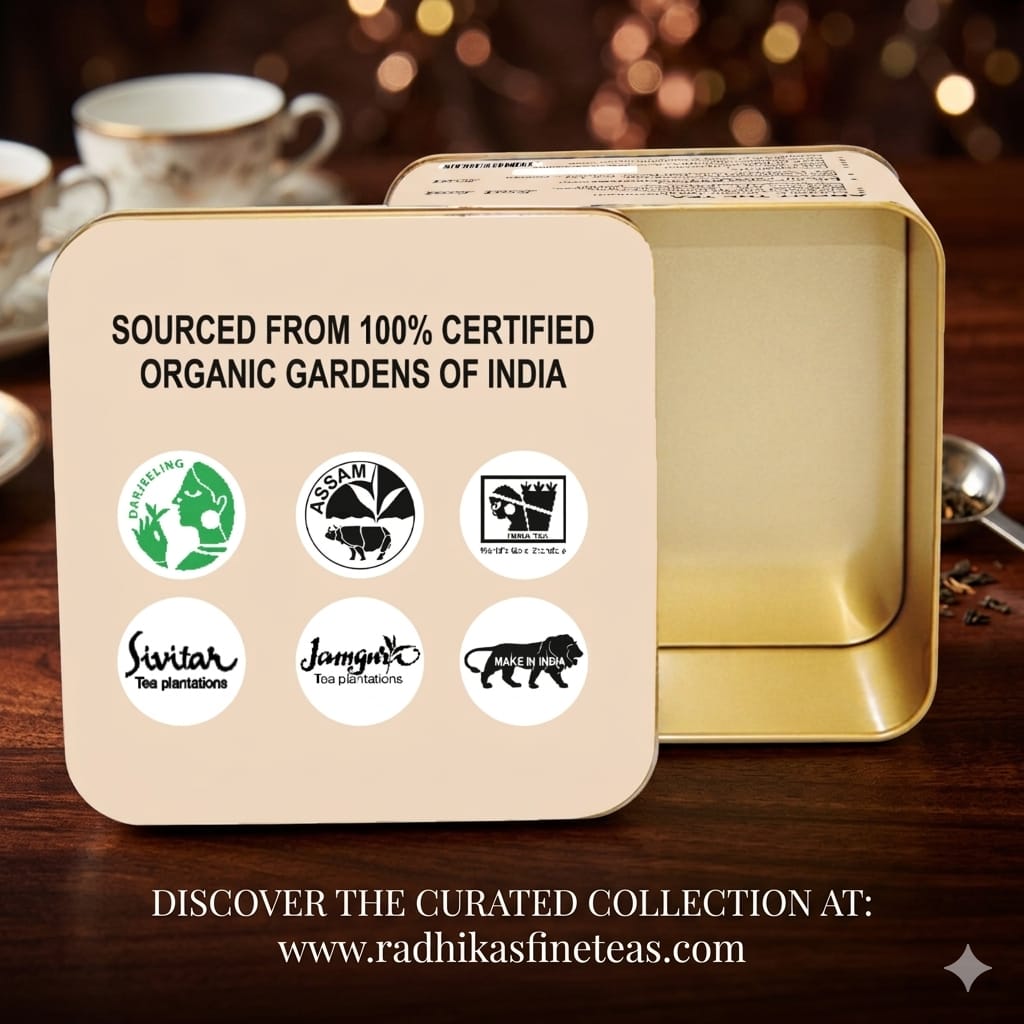 Tea tin with certification logos and branding on a wooden surface.