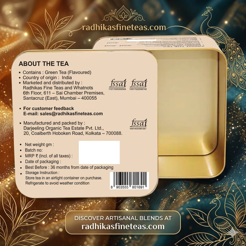 Tea package with brand details on a decorative background