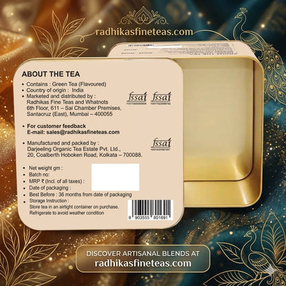 Tea package with brand details on a decorative background