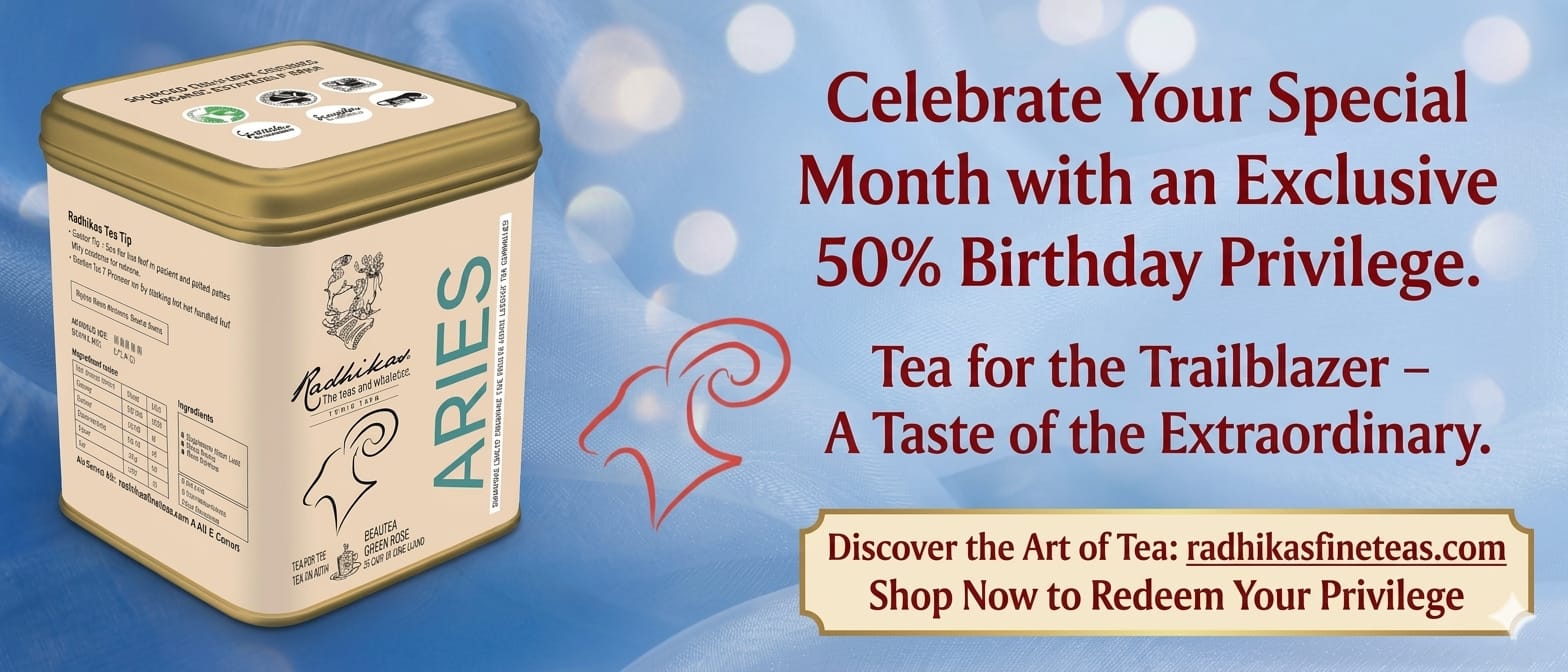 Tea canister with Aries design on a blue background with promotional text.