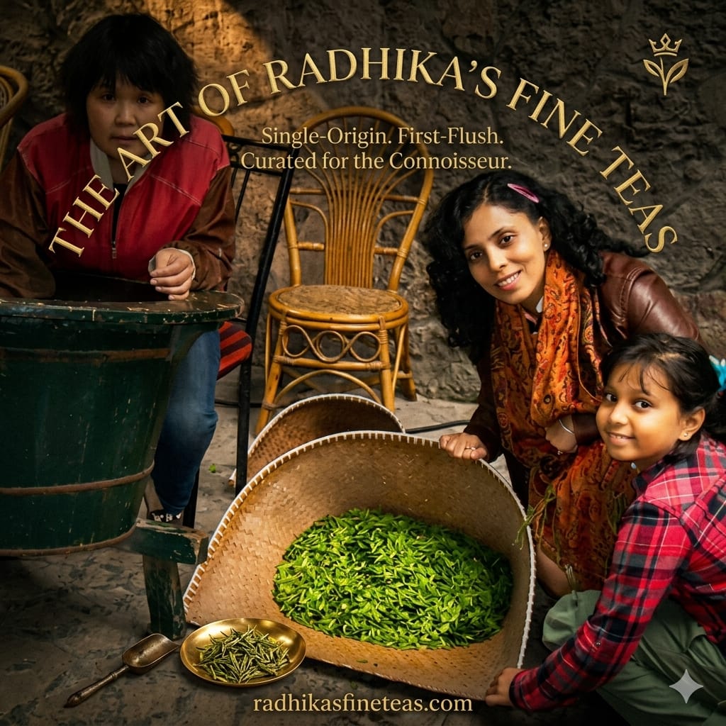 Two women and a child with a basket of green tea leaves, featuring 'The Art of Radhika's Fine Teas' branding.