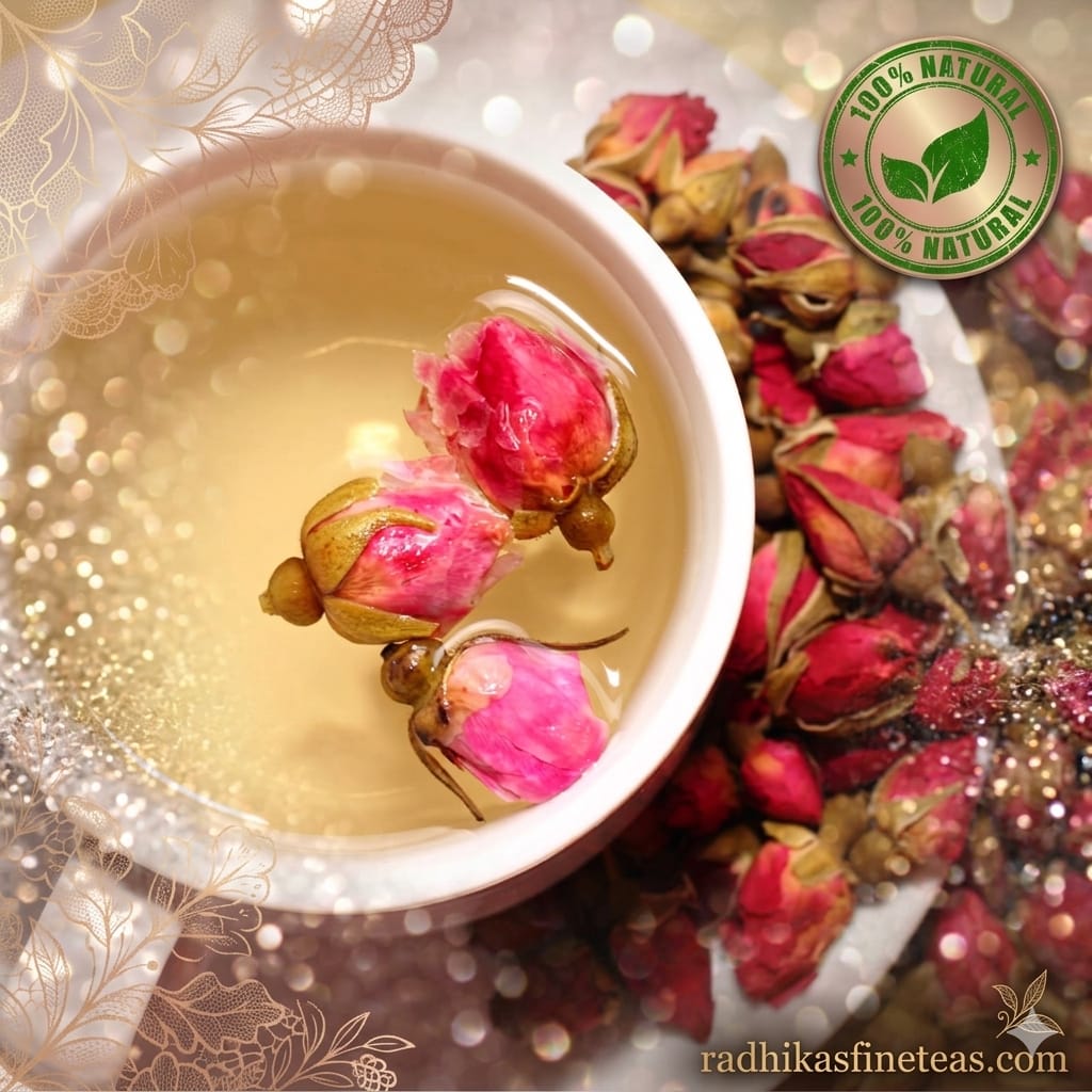 Tea cup with pink tea flowers, surrounded by more flowers and a '100% Natural' label.